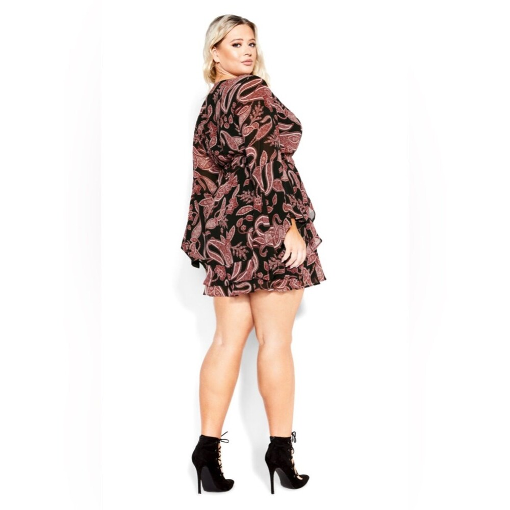 City Chic Black and Dusty Rose Paisley Long Sleeve Tiered Mini Dress